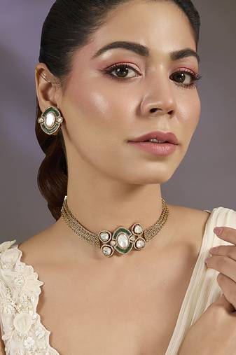 Gold plated green stone polki choker set