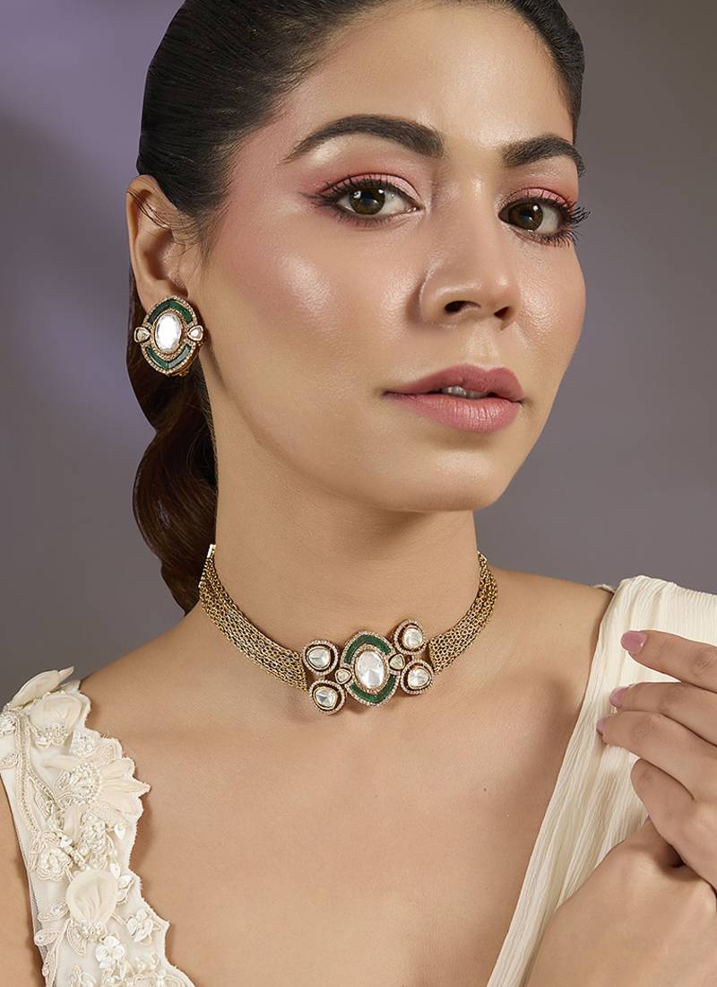 Gold plated green stone polki choker set