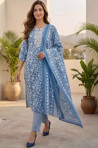 Women Floral Printed Regular Kurta with Trousers & With Dupatta