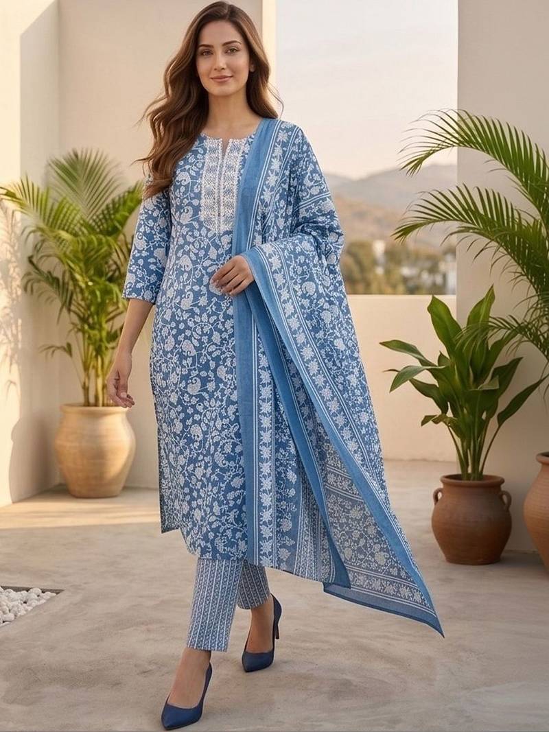 Women Floral Printed Regular Kurta with Trousers & With Dupatta