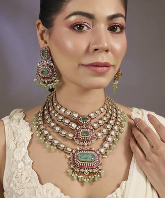 Gold plated multicolor kundan layered necklace set 1