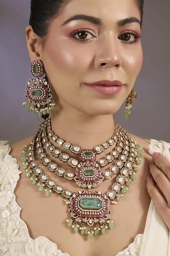 Gold plated multicolor kundan layered necklace set