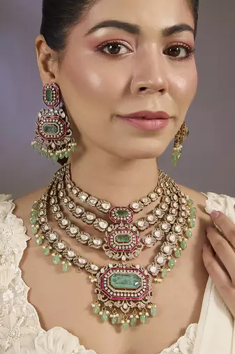 Gold plated multicolor kundan layered necklace set