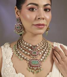 Gold plated multicolor kundan layered necklace set