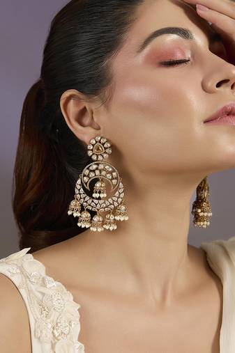 Gold plated white diamond chandbali earrings