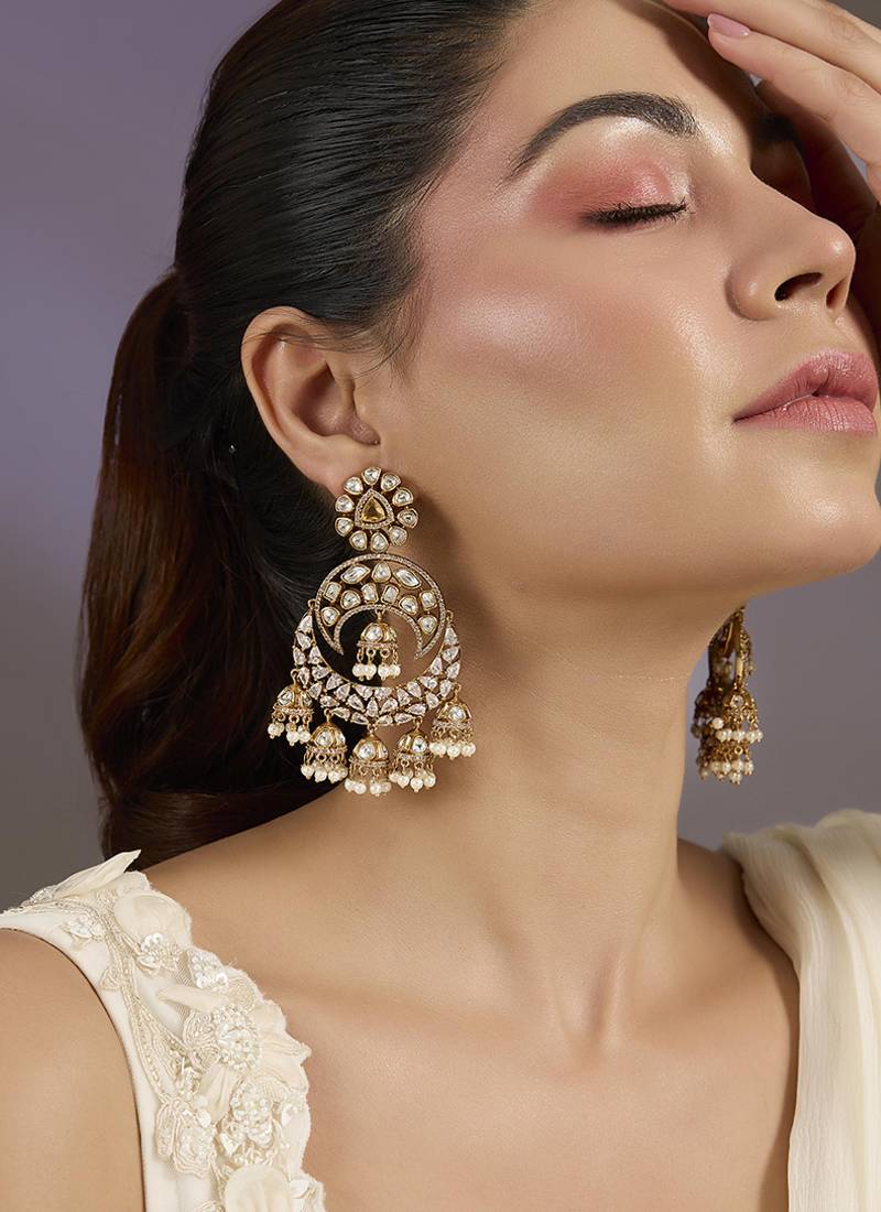 Gold plated white diamond chandbali earrings