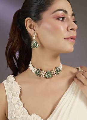 Gold plated green stones polki choker set 1