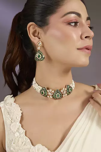 Gold plated green stones polki choker set