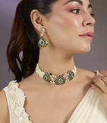 Gold plated green stones polki choker set