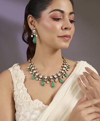 Gold plated mint green polki necklace set 1