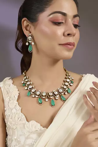Gold plated mint green polki necklace set