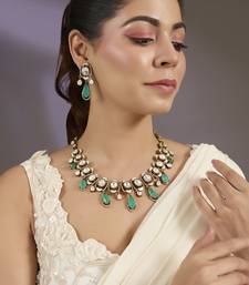 Gold plated mint green polki necklace set