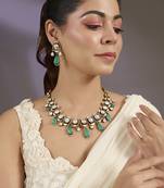 Gold plated mint green polki necklace set