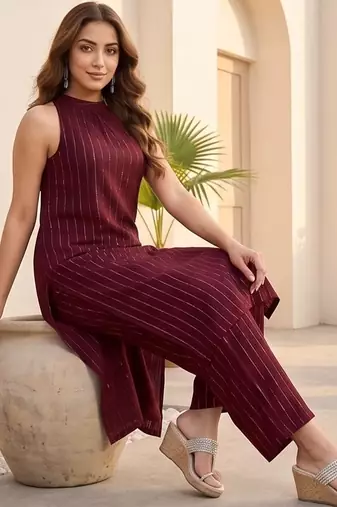 Women Striped Regular Silk Crepe Kurta with Palazzos