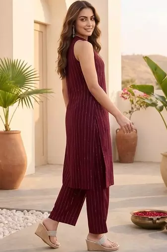 Women Striped Regular Silk Crepe Kurta with Palazzos