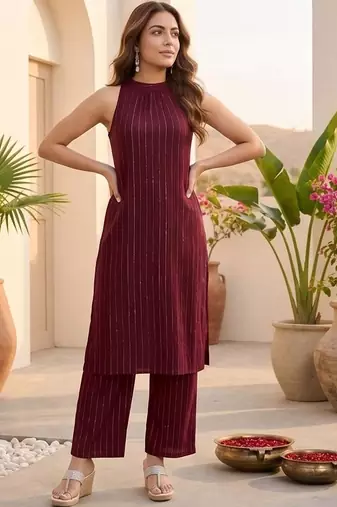 Women Striped Regular Silk Crepe Kurta with Palazzos