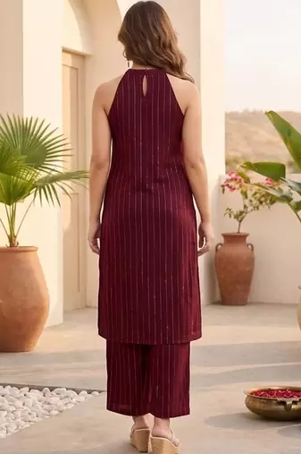 Women Striped Regular Silk Crepe Kurta with Palazzos