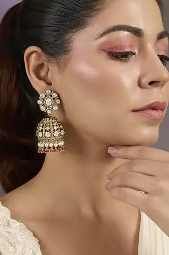 Gold plated ruby red polki stones jhumkas