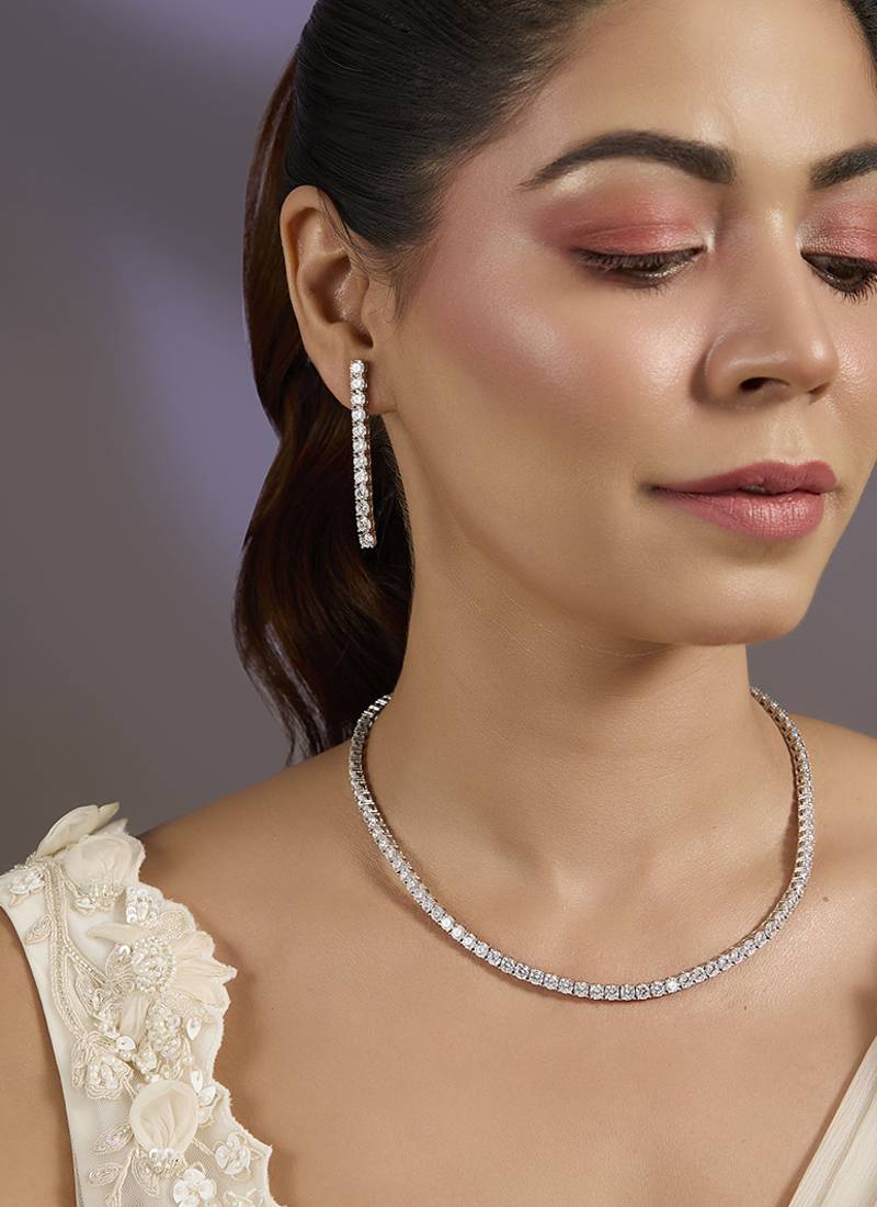 Silver plated zircon stones tennis necklace set