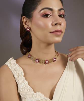 Gold plated ruby red floral stones choker set 1