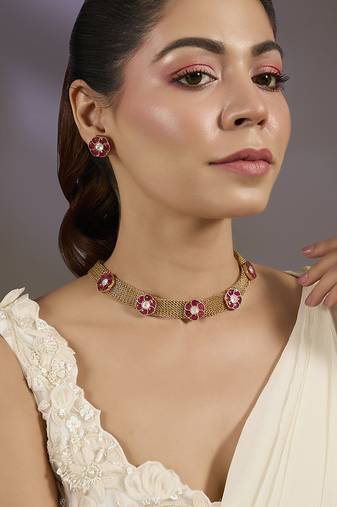 Gold plated ruby red floral stones choker set
