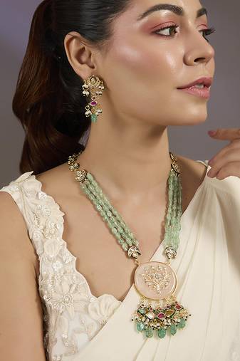Gold plated green beaded pink stone necklace set
