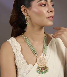 Gold plated green beaded pink stone necklace set