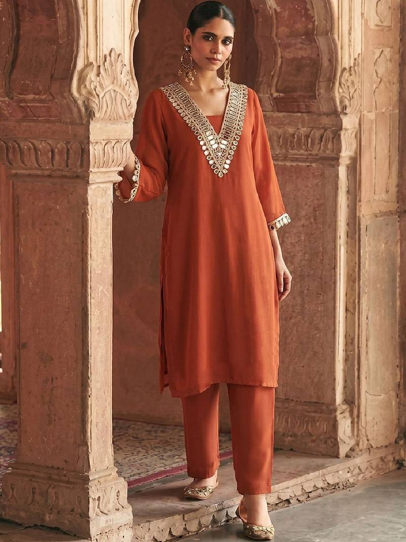 Women Regular Mirror Work Kurta with Trousers