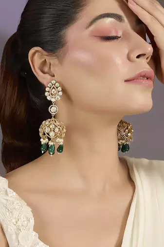 Gold plated green polki stones jhumkas
