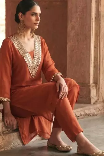 Women Regular Mirror Work Kurta with Trousers