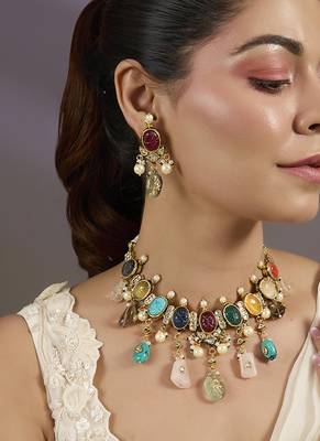 Gold plated multicolor polki stones necklace set 1