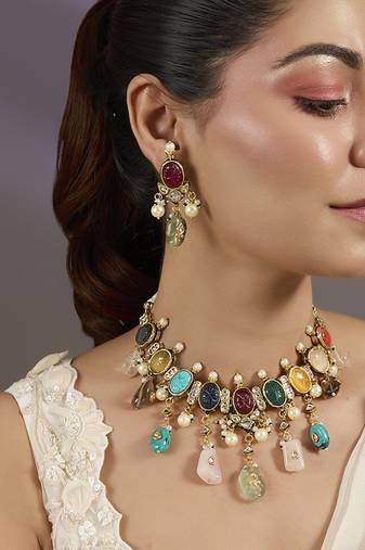 Gold plated multicolor polki stones necklace set