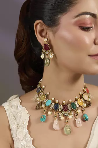 Gold plated multicolor polki stones necklace set