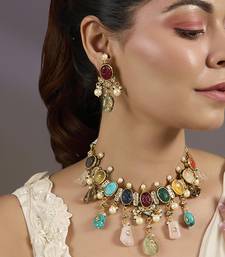 Gold plated multicolor polki stones necklace set