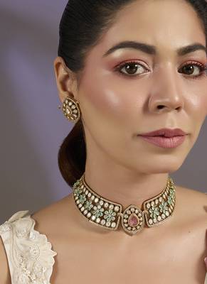 Gold plated pink stone floral choker set 1