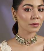 Gold plated pink stone floral choker set