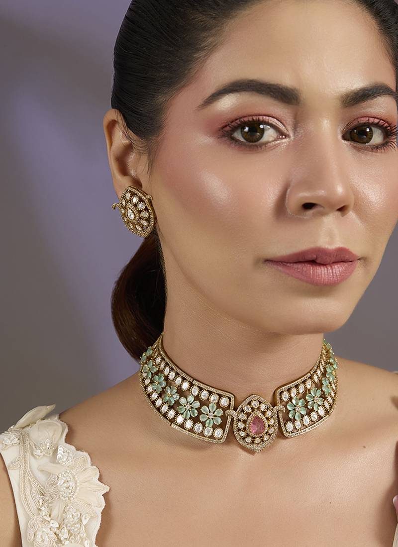 Gold plated pink stone floral choker set