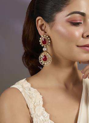 Gold plated red stones dangler drop earrings 1