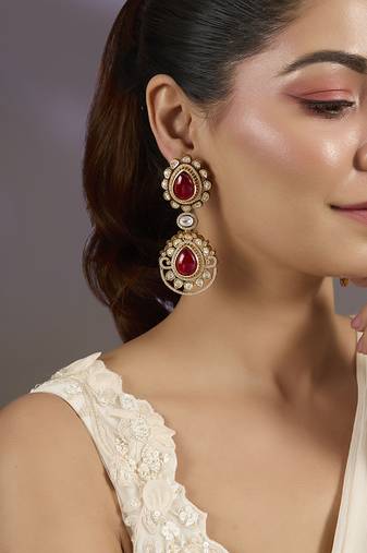Gold plated red stones dangler drop earrings