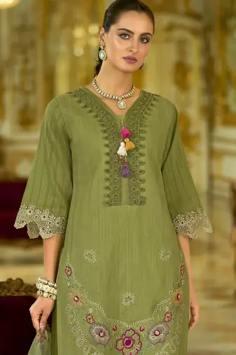 Nazrana Floral Thread Embroidered Schiffli Orangza Lace Kurta Trouser & Dupatta