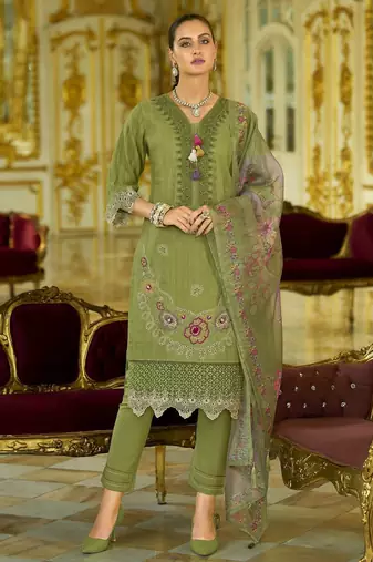 Nazrana Floral Thread Embroidered Schiffli Orangza Lace Kurta Trouser & Dupatta