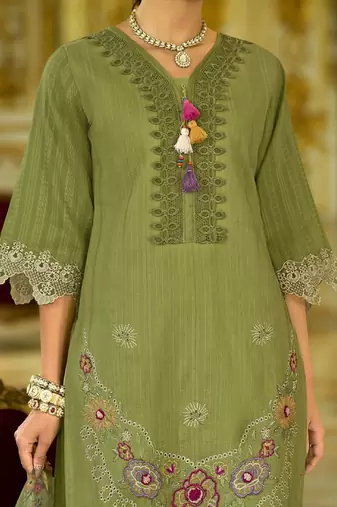 Nazrana Floral Thread Embroidered Schiffli Orangza Lace Kurta Trouser & Dupatta