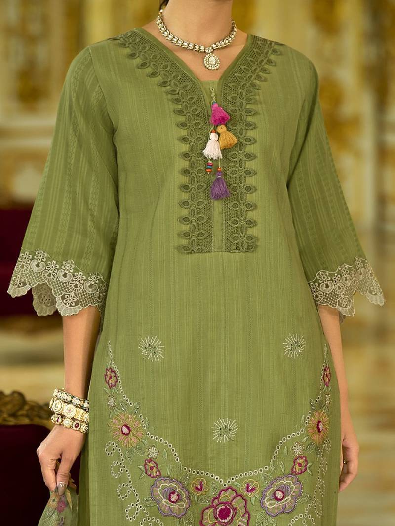 Nazrana Floral Thread Embroidered Schiffli Orangza Lace Kurta Trouser & Dupatta