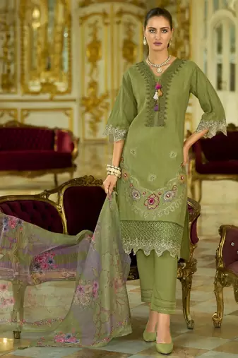 Nazrana Floral Thread Embroidered Schiffli Orangza Lace Kurta Trouser & Dupatta