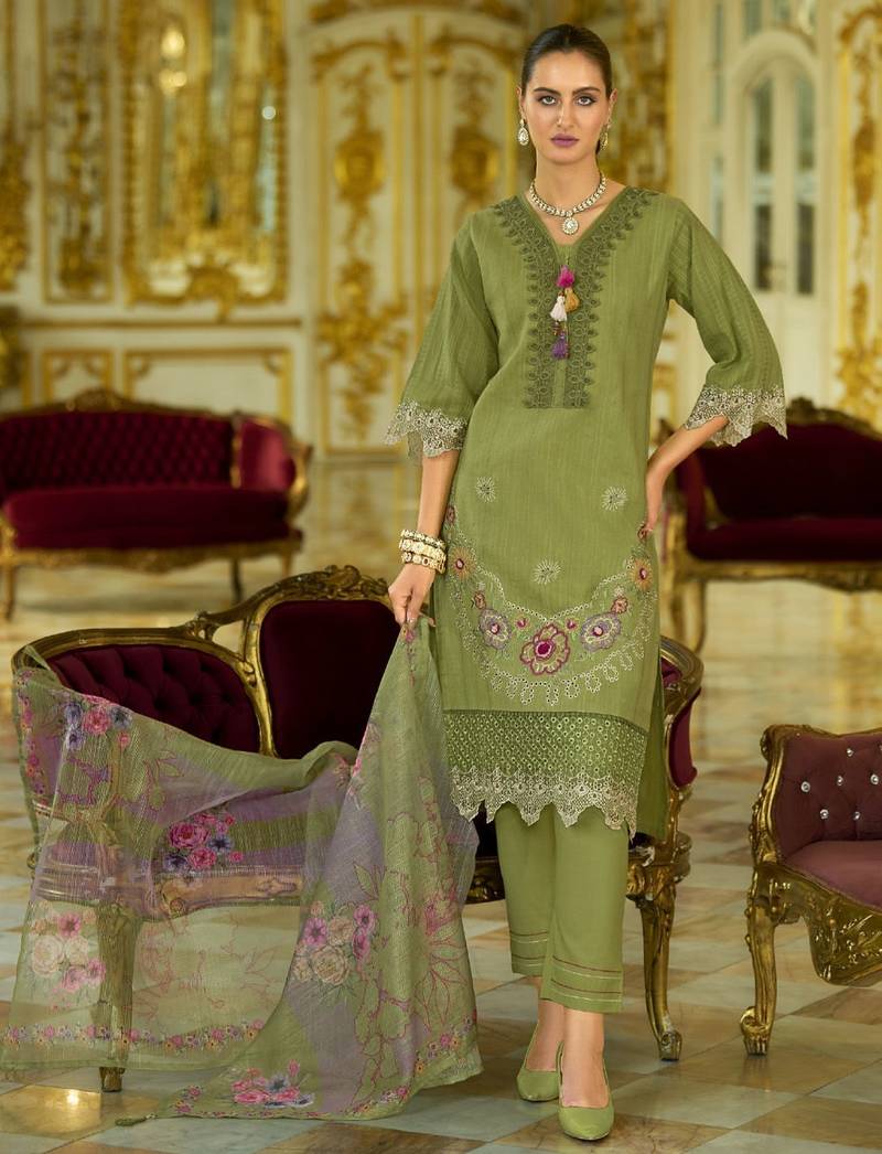 Nazrana Floral Thread Embroidered Schiffli Orangza Lace Kurta Trouser & Dupatta