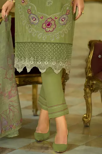 Nazrana Floral Thread Embroidered Schiffli Orangza Lace Kurta Trouser & Dupatta