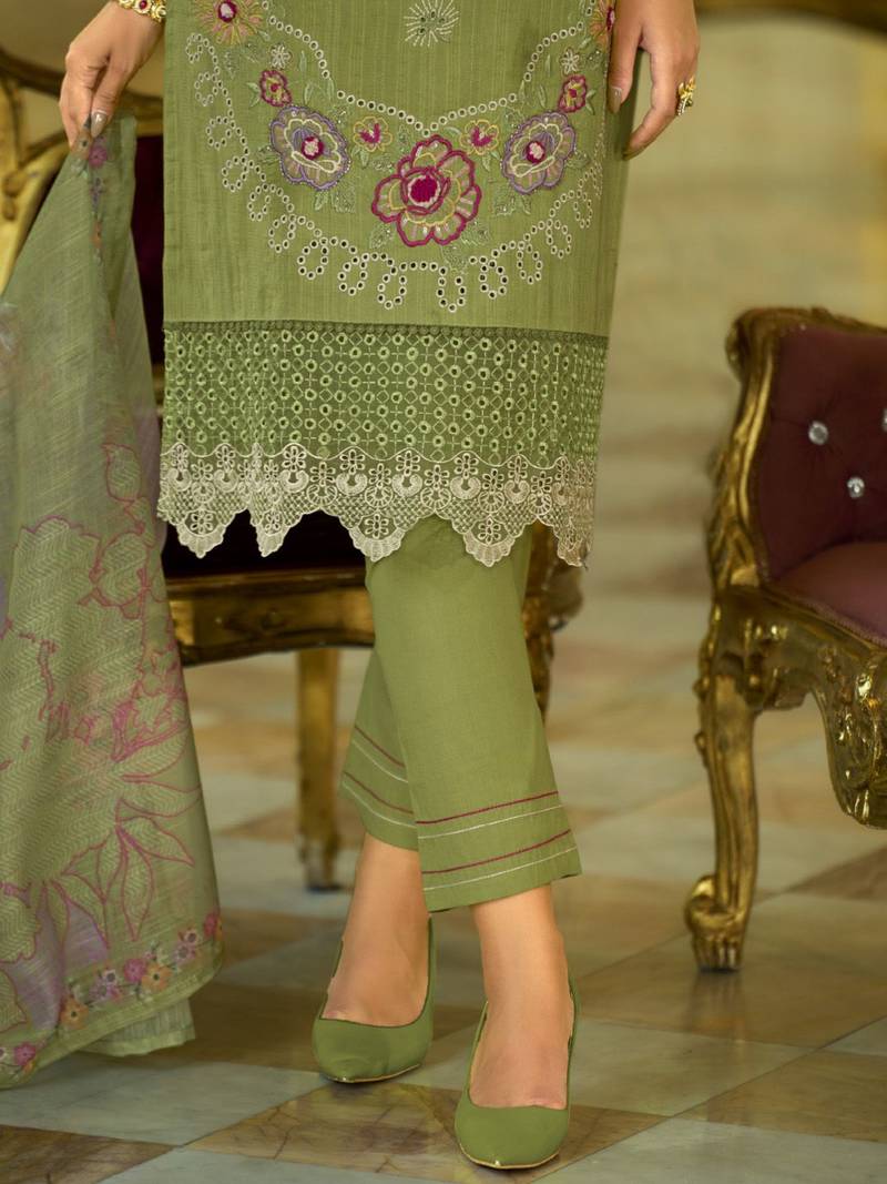 Nazrana Floral Thread Embroidered Schiffli Orangza Lace Kurta Trouser & Dupatta
