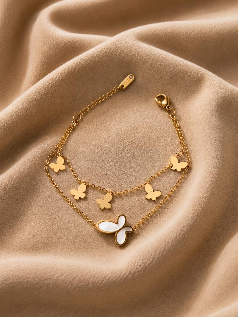 18k gold plated mop butterfly layered bracelet