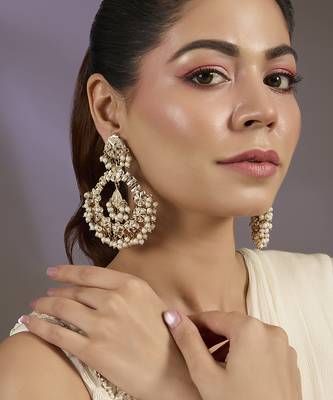 Gold plated white motis chandbali  earrings 1