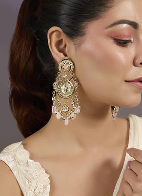 Gold plated pink stones danglers drop earrings 1